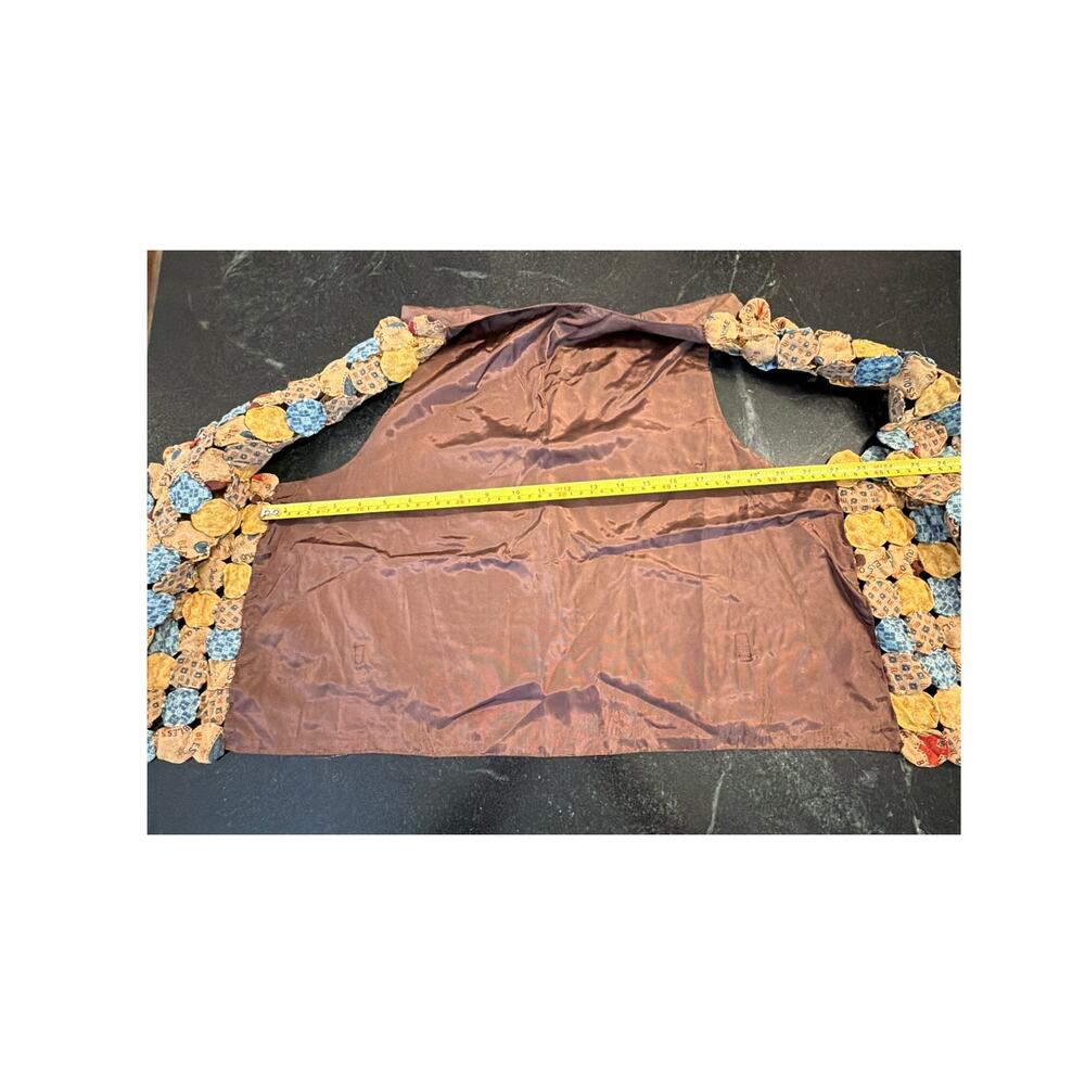 Handmade Yo-Yo Quilt Vest Multicolor Patchwork One Button Satin Back Adj Tie - Picture 7 of 9